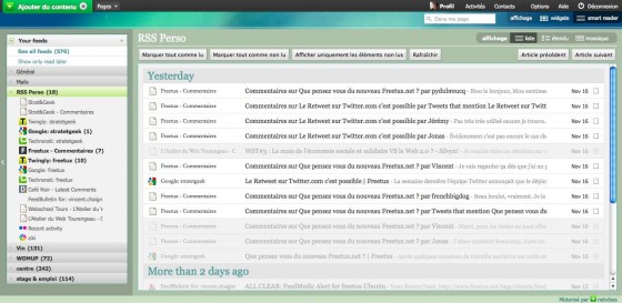 Interface du lecteur de news de Netvibes Wasabi