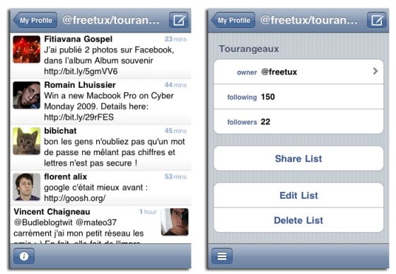 Interface de tweetie 2.1 présentant les listes Twitter